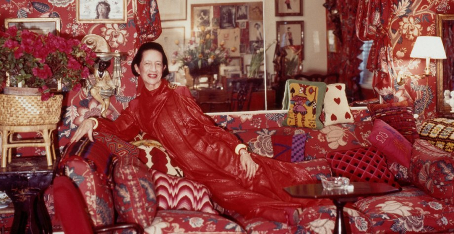 Diana Vreeland surrounded by red furnishings- series, 1979
